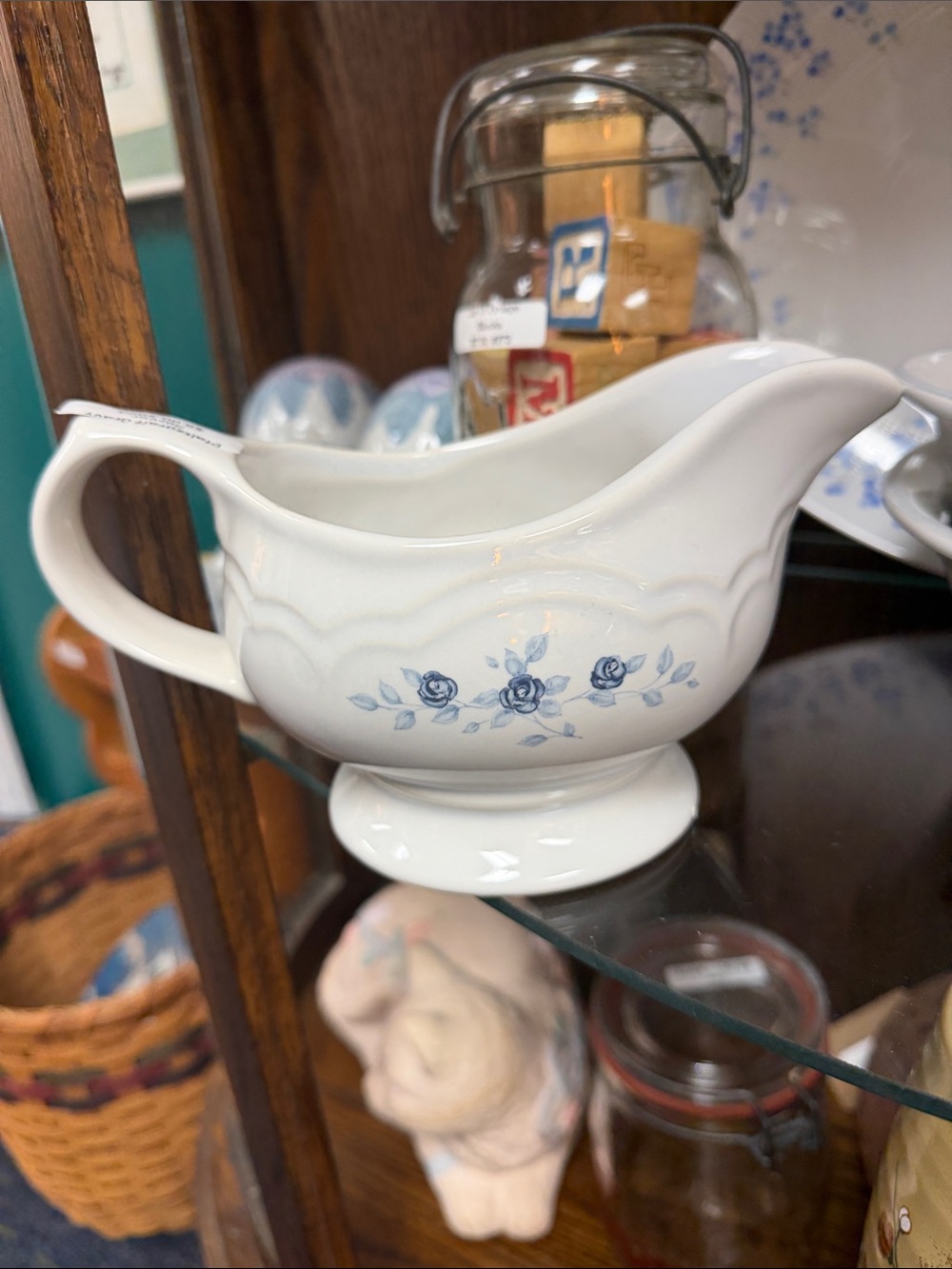 Pfaltzgraff White Ceramic Gravy Boat with Blue Floral Design 436